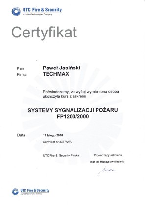 Certyfikat - system sygnalizacji pożaru FP 1200/2000