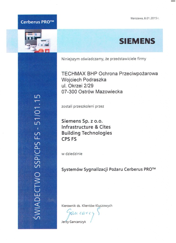 SIEMENS- Świadectwo Przeszkolenia w dziedzinie Systemów Sygnalizacji Pożaru